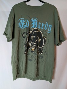 Y2K olive green Ed Hardy T-shirt, size L