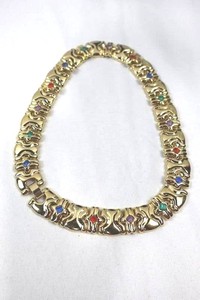 Vintage Gold Statement Necklace with Multicolored Square Rhinestones