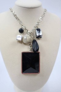 Vintage 28 Statement Silver Charm Necklace with Square Pendant