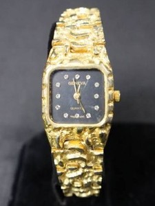 Striking Geneva Gold Quartz Bracelet Watch with Black Dial