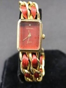 Vintage Chanel Quartz Watch with Red Leather &amp Gold Chain Bracelet