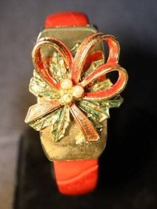 Vintage Gold, Green and Red Cuff Watch with Bow, Holly and Berries Embellishment