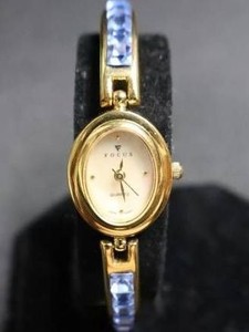 Vintage Focus Gold-Tone Quartz Bracelet Watch with Blue Rhinestones
