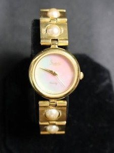Vintage Sheffield Gold Tone Bracelet Watch with Pearl Style Accents