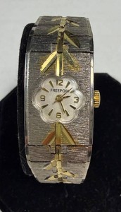 Vintage Freeport Quartz Silver Bracelet Watch with Gold Leaves