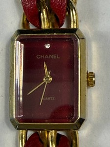 Vintage Chanel Quartz Watch with Red Leather &amp Gold Chain Bracelet