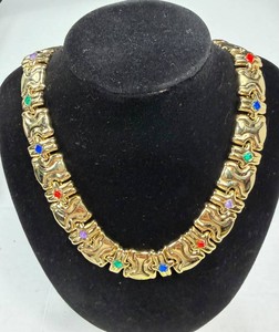 Vintage Gold Statement Necklace with Multicolored Square Rhinestones