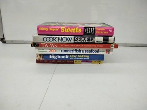 Cookbook Lot of 6 Vegan Sweets, Tapas, Shrimp, Canned Seafood & Pillsbury Baking