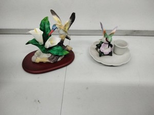 Porcelain Hummingbird Pair Violet Crowned Figurine on Wood Base & Candle Holder in Boxes