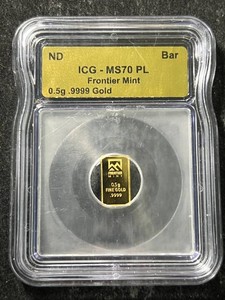 HALF GRAM .9999 FINE GOLD FRONTIER MINT BAR ICG MS70