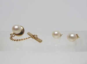 14K Gold &amp Freshwater Pearl Earrings &amp Tie Tack&nbsp