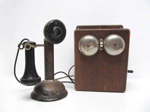 Antique Candlestick Telephone &amp Oak Call Box