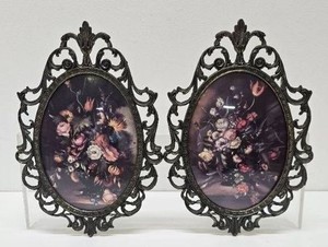 Ornate Vintage Cast Metal Bubble Glass Picture Frames