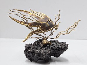 Smaller Vintage Brass Fish Sculpture on Stone Base