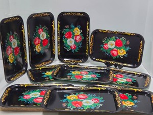 Set of 10 Excellent condition Mid Century Metal Serving Trays wFloral Design