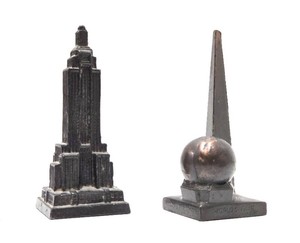 2 Heavy Cast Metal &amp Bronze 1930s Souvenir Buildings