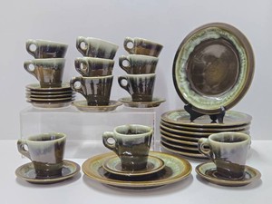 Set of Vintage Drip Glaze Dishware BrownGreen