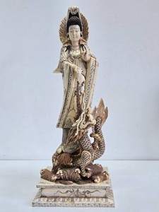 Excellent Large Vintage Signed Oriental Carved Bone Figure wDragon