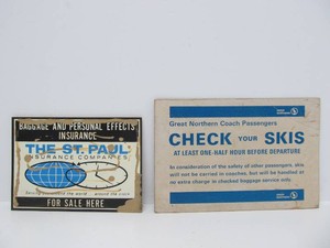 2 Vintage Railroad Depot Display Signs  Plaques - Great Northern Ski Check &amp Saint Paul Baggage Insurance