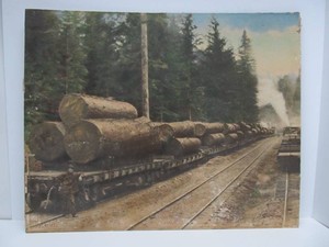 LARGE Original Antique Colored Photograph of a Logging Train - Signed Prentiss