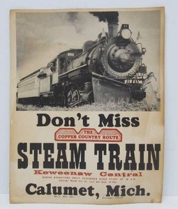 Original Vintage Keweenaw Central Steam Train Cardboard Advertising Sign  Poster