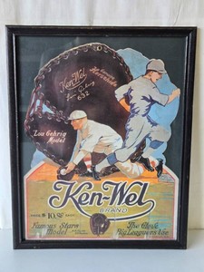 Vintage KEN-WEL Die-Cut Baseball Glove Advertising Sign featuring Lou Gehrig