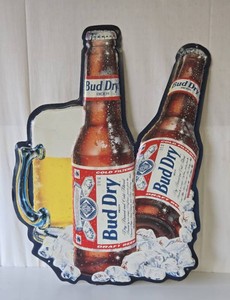 Vintage 90s Embossed Metal BUD DRY Advertising Beer Sign