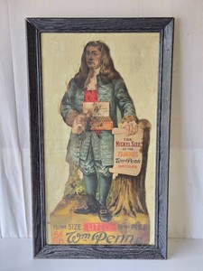 Framed Orig Antique WLLIAM PENN CIGARS Die-Cut Advertising Sign