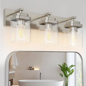Brushed Nickel Bathroom Light Fixtures, 3 Lights Bathroom Lighting Fixtures Over Mirror, Square Design & Rectangle Large Backplate, Modern Vanity Lighting Fixtures, for Living RoomBedroom