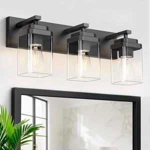 Black Bathroom Light Fixtures, 3 Lights Bathroom Lighting Fixtures Over Mirror, Square Design & Rectangle Large Backplate, Modern Vanity Lighting Fixtures, for BathroomLiving RoomBedroom