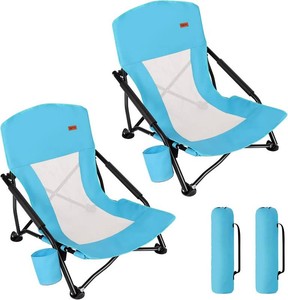 Low Beach Chair for Adults 2 Pack, Low Profile Folding with Cup Holder & Carry Bag, Heavy Duty Chair for Outdoor Sand, Camping, Concert, Travel