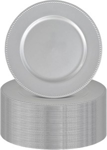 50 Pack Silver Charger Plates Bulk, 13 Inch Round Plastic  Beaded-Rim Charger Plates, Reusable Plastic, Sits Under Dinner Plates and Bowls, For Weddings, Banquets and Parties