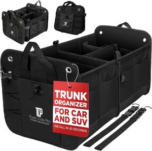 Car Trunk Organizer for SUV & Truck Cargo Storage, Large, Black  Fits Cars, SUVs & Trucks 4 Adjustable Compartments Non-Slip Base & Straps Foldable 11 Pockets Car Accessories