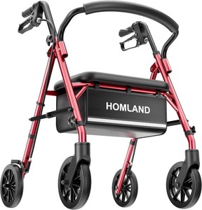 HOMLAND Foldable Walkers for Seniors with Seat, 16lb Light Rollator Walkers  22 Wide, 5-Level Height Adjustable, for Narrow Spaces, Comfortable Elastic Seat, Portable Rollator, Stylish Colors, Red