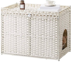 SETVSON Cat Litter Box Enclosure Furniture, Handwoven PE Rattan, White  Large Double-Door PE Rattan Kitty House, Fits Large Covered Litter Boxes, 2 Litter Mats, 2 S-Hooks, Metal Frame