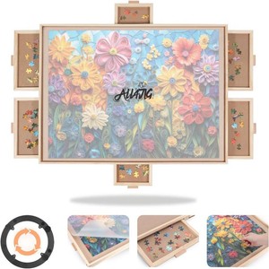 ALL4JIG 2000 Pieces Rotating Puzzle Board with 6 Drawers and Cover,28.50x40.16Portable Wooden Jigsaw Puzzle Table for Adults,Lazy Susan Spinning Puzzle Boards Gift for mom,Surface for Lego Building