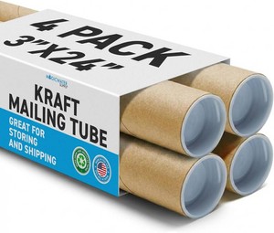 MagicWater Supply 3 x 24 Inch Kraft Mailing Tubes with End Cap - 4 Pack  Sturdy Cylindrical Shell Designed to Protect Paper Documents, Artwork & Blueprints with Rigid Fiber Board Build