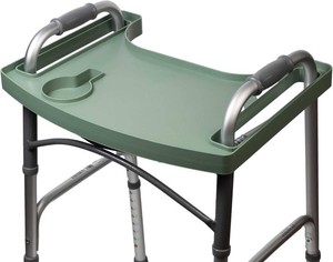 Sigo Green Walker Tray for Rolling Folding Walker, Tray Table with Cup Holder for Standard Walkers Seniors, Detachable Non Slip TV Accessories Basket Holding Plate Cups Clip On Small Bag Carrier