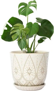 Gepege 10 Inch Ceramic Plant Pot for Indoor Plants with Drainage & Saucer  Large ceramic plant pot with drainage hole, ceramic saucer and mesh pad, ideal for indoor plants, flowers and houseplants