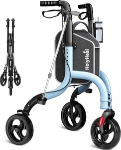 $150 3 Wheel Walkers for Seniors, Lightweight Rollator Walkers Foldable for Elderly with Cane Hold and Cup Hold, Height Adjustable Aluminum Three Wheel Rolling Walker Mobility Aid, Blue