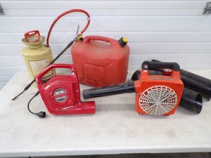 Echo Power Blower, 110v  Blower, Accessories and vintage Spray can and 5 Gallon Gas can