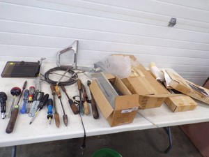 Assorted Tools, Paint Rollers, Drawer Guides and rails