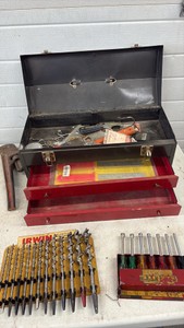 Toolbox with tools Irwin drill bits with holder nut drivers and more