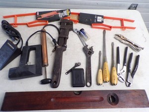Huge Monkey Wrench, Screwdrivers, Pliars, Stapler, Foot Switch and more