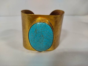 Large Turquoise Colored Center Cabochon Hammered Brass Cuff Bracelet