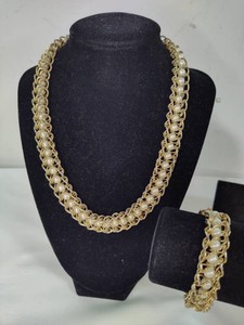 Viking Knit Gold Tone & Pearl Vintage Necklace & Bracelet Set