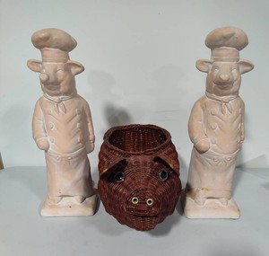 Chef Pig Book Ends & Pig Basket
