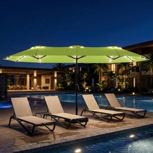 $160 15ft Patio Umbrella with Lights & Base (Blue)