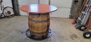 Custom made Barrel-Style Pub Table With Wood Top and Wrought-Iron Footrest