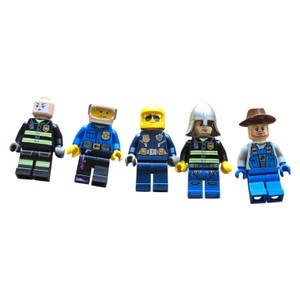 Lot of 5 LEGO-Style Minifigures  Police, Firefighter, Cowboy & Assorted Figures